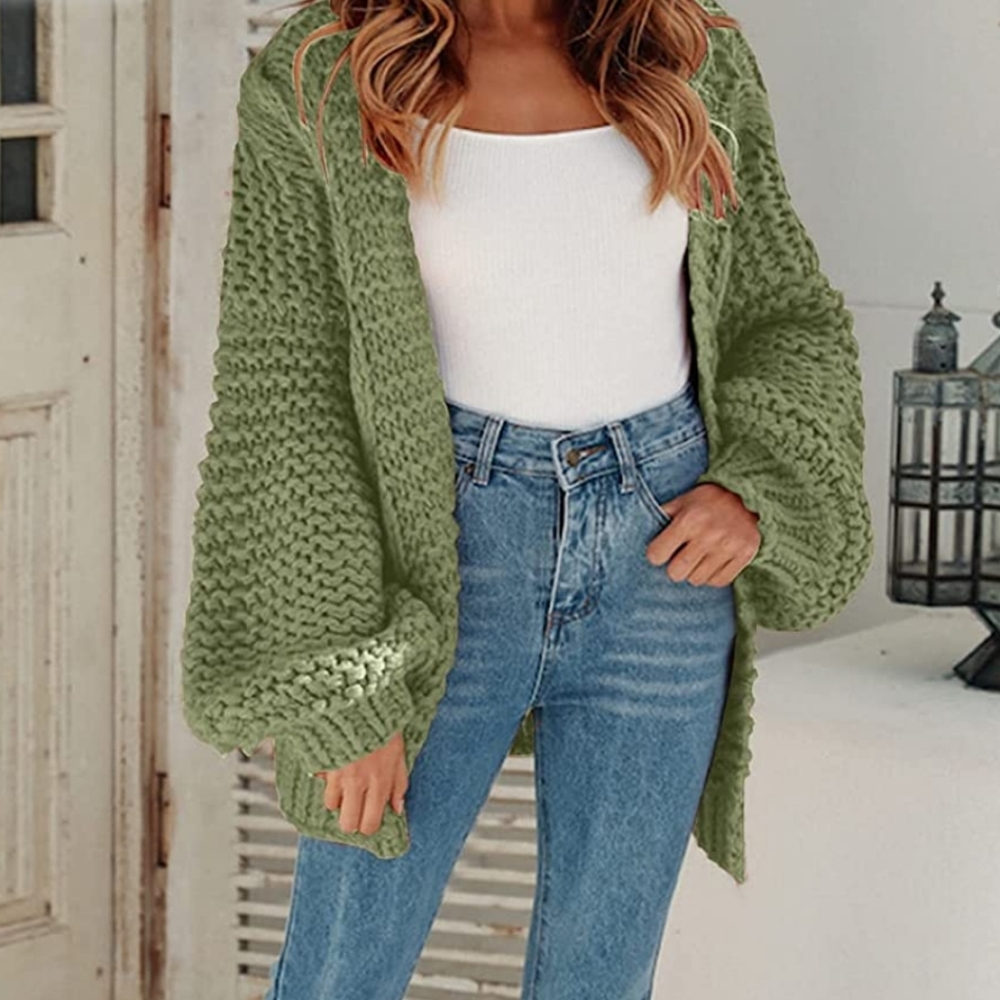 NEW OLIVE GREEN OVERSIZED CHUNKY KNIT OPEN CARDIGAN - Picture 3 of 5
